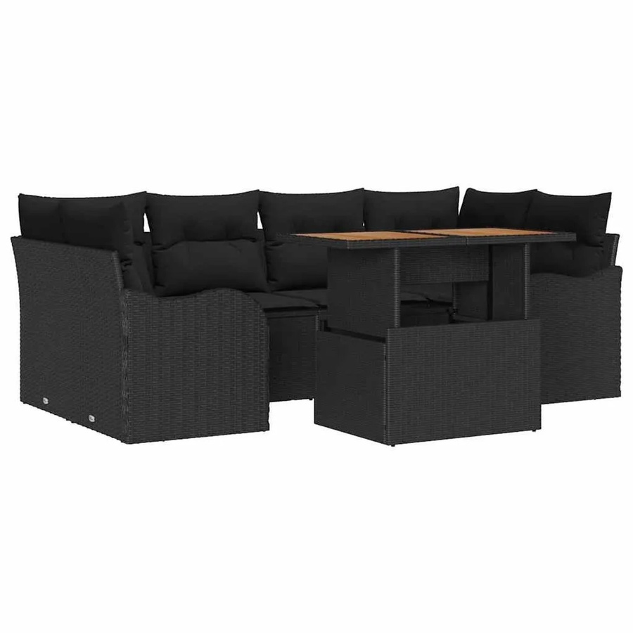 vidaXL Garten-Sofa-Set 7-tlg. in U-Form mit Kissen und Stauraum, Schwarz - Bild 2