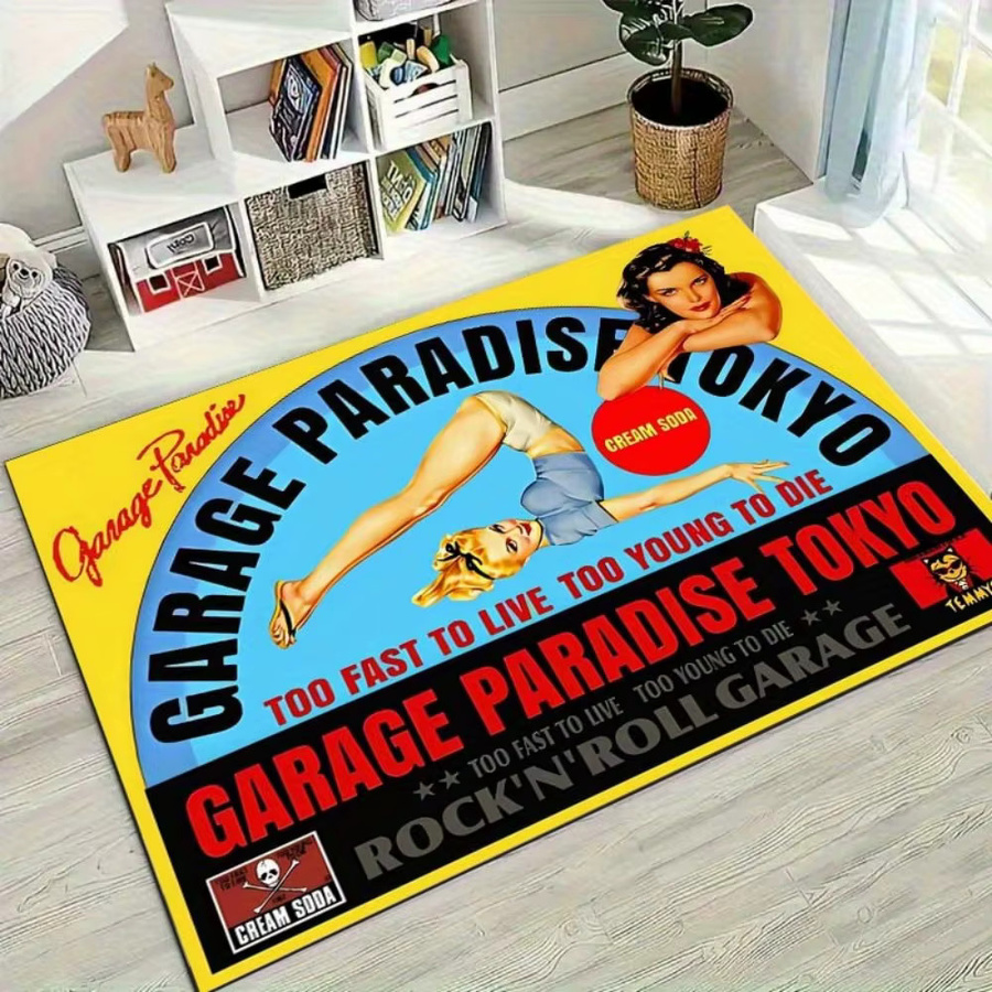 VIKAMA Teppich Tokyo Rock Garage Design in Creme und Multicolour, rutschfester und schmutzabweisender Retro-Teppich für Wohnzimmer und Schlafzimmer - Bild 3