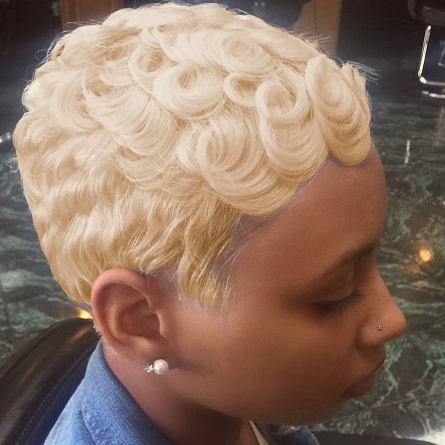 OYM HAIR Afro Rose Perücke, Pixie-Schnitt, brasilianisches Echthaar, kurz, lockig mit Pony - Bild 3