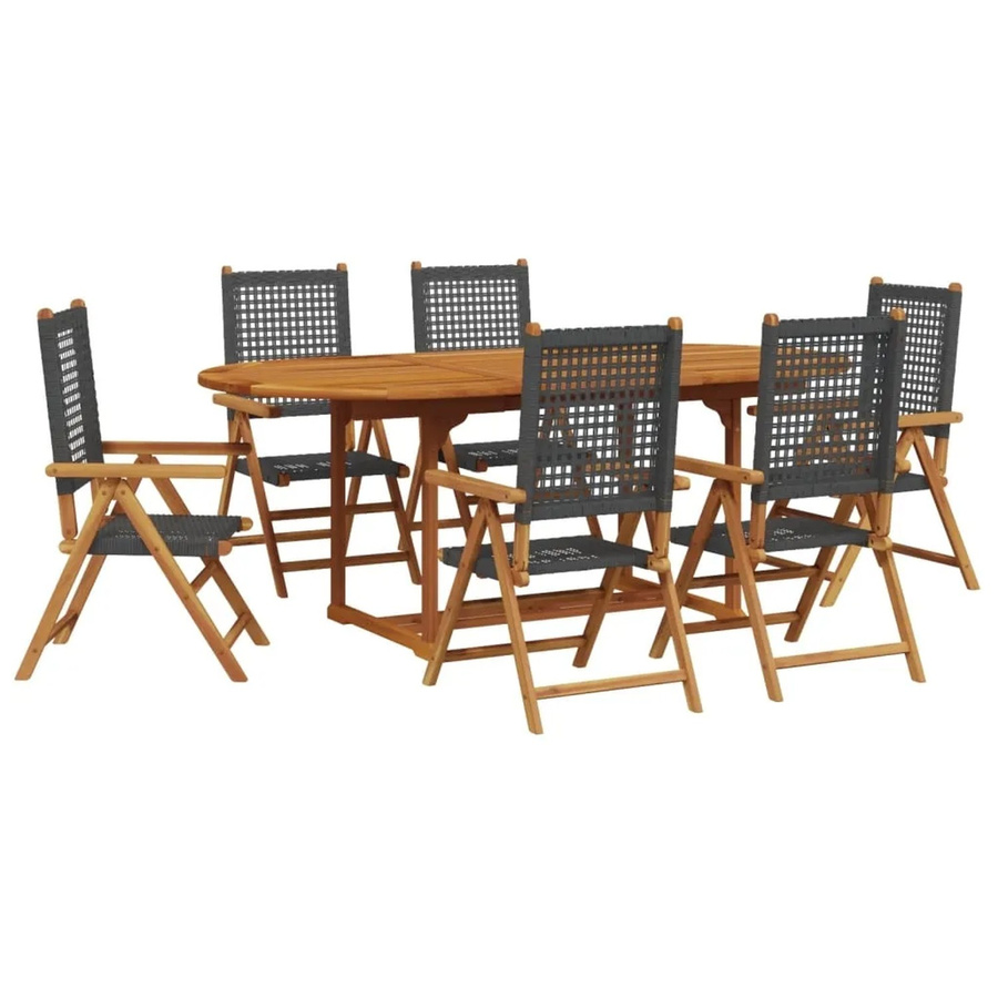 vidaXL 7-tlg Garten-Essgruppe aus Poly Rattan und geöltem Akazien-Massivholz in Schwarz, erweiterbarer rechteckiger Tisch - Bild 2