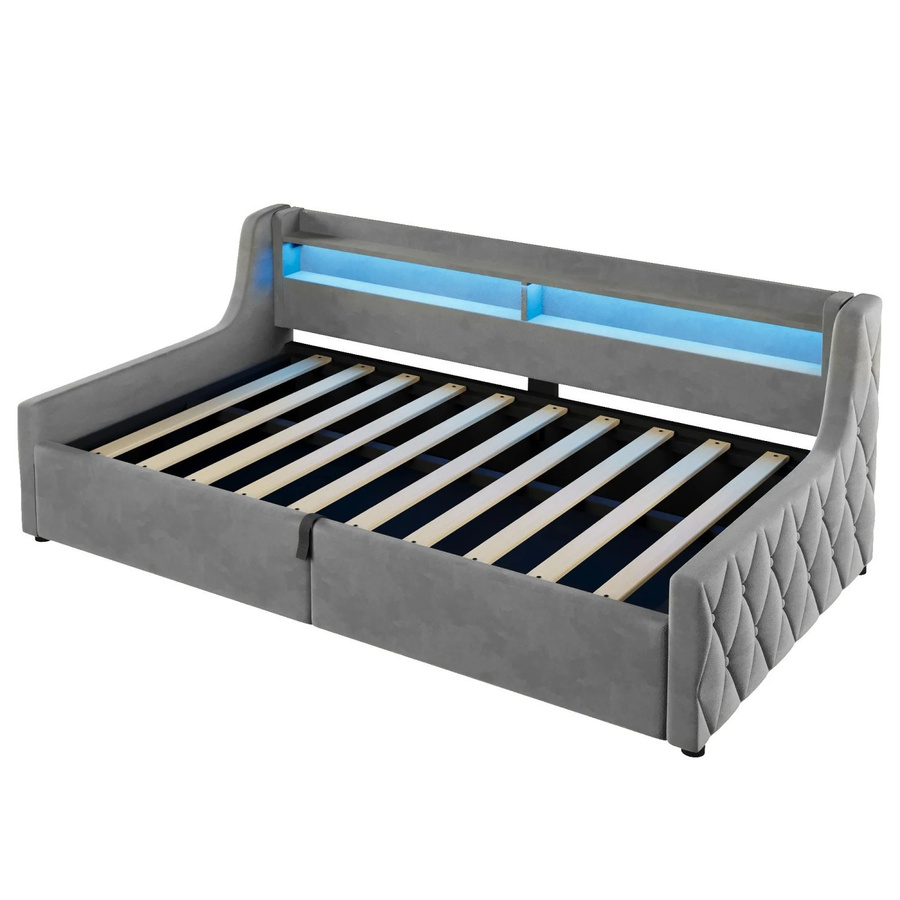 Merax Samtbett Grau mit LED-Unterbettbeleuchtung und hydraulischem Stauraum B/T/H: 90 x 200 x 105 cm - Bild 2
