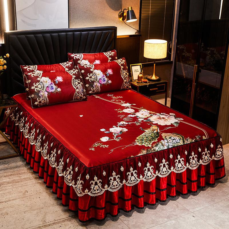 Luxus Bettwäsche-Set mit Spitze und Stickerei im europäischen Stil, bestehend aus Bettrock und Kissenbezügen, B/B/H: 200 x 220 cm, 3-teilig - Bild 1