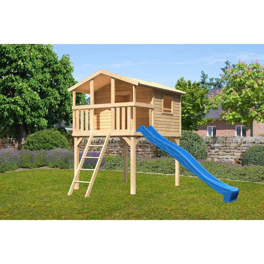 Karibu Stelzenhaus Benjamin Naturbelassen mit Holzleiter und Rutsche in Blau und Natur Braun B/H/T: 225 x 309 x 250 cm - Bild 2