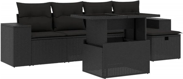vidaXL 6-teilige Garten-Sofagarnitur aus Polyrattan in Schwarz mit UV-beständigen Polsterkissen - Bild 1