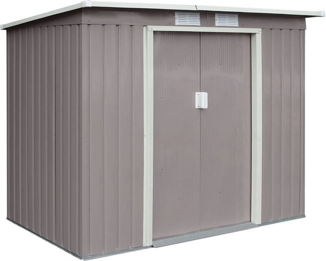 Hattoro P100 Metall Gerätehaus Geräteschuppen mit Bodenrahmen und 2 Schiebetüren in Hellgrau, Volumen: 3,6 m³ - Bild 1