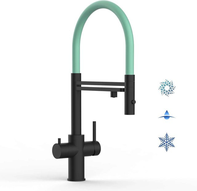 VIZIO Küchenarmatur aus Edelstahl mit 5-Wege-Wasserhahn, 360° schwenkbarem Auslauf und abnehmbarer 2-Strahl-Handbrause, Schwarz Matt mit Türkis-Akzenten - Bild 1