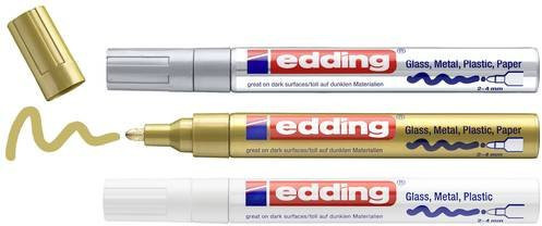 Edding Lackmarker Set mit Permanent-Tinte in Gold, Silber und Metallic-Weiß mit Bullet-Spitze (2 mm und 4 mm) - Bild 1