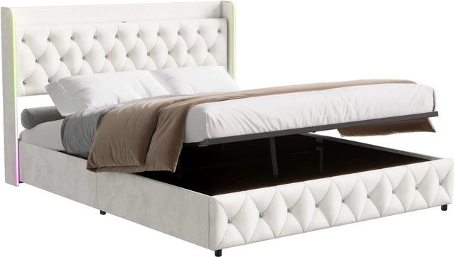 PXloue Doppelbett mit Stauraum und LED-Beleuchtung aus Samt in Beige, B/T/H: 140 x 200 x 45 cm - Bild 1