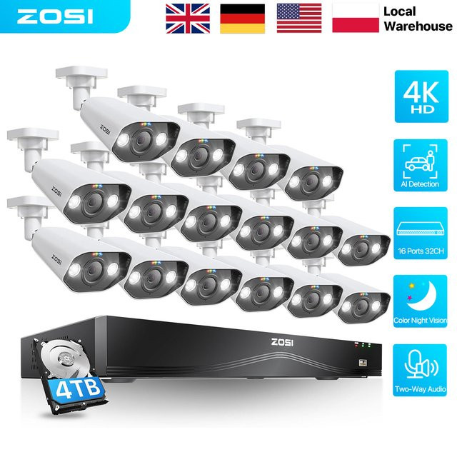 ZOSI 16-Kanal 4K PoE CCTV Sicherheitskamera Komplettset mit 8MP Außen-Videoüberwachungs-Kameras und 32CH Dual-Disk NVR inklusive 2-Wege-Audio - Bild 1