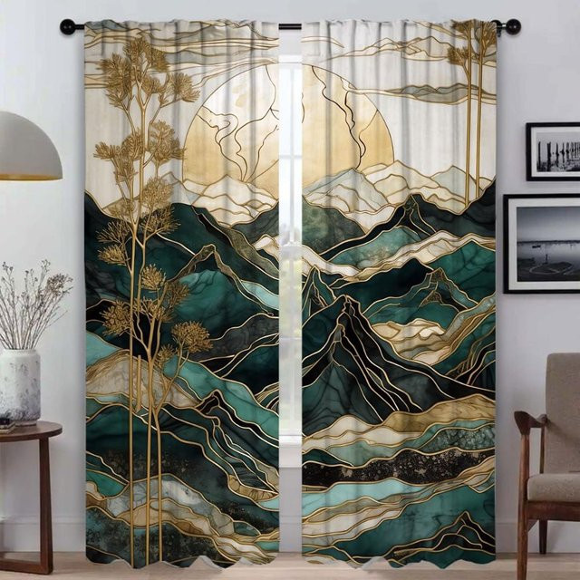 Elegante Kintsugi Raumvorhänge mit botanischem Design, halbtransparente Tüll-Vorhänge für Wohnzimmer und Schlafzimmer, 2er-Set, Mehrfarbig, Breite: 50 cm, Höhe: 70 cm - Bild 1