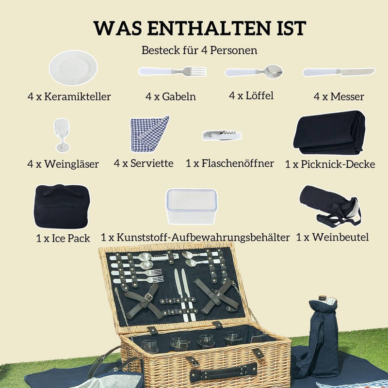 Outsunny Picknickkorb aus Rattan und Holz in Braun und Beige, Picknick-Set für 4 Personen mit Isoliertfach, Picknickdecke und Besteck, B/H/L: 34 x 20 x 54 cm - Bild 3