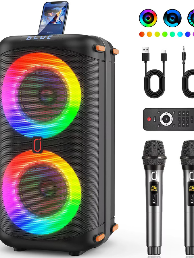 FanFun Karaoke-Maschine mit 2 kabellosen Mikrofonen, tragbarer Bluetooth 5.3 Karaoke-Lautsprecher und PA-System in Schwarz - Bild 9