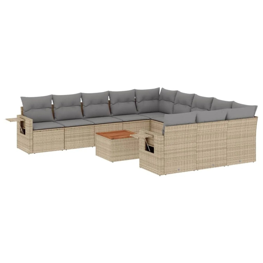 vidaXL 12-tlg. Garten-Sofagarnitur in L-Form aus Poly Rattan und Akazienholz mit Kissen in Beige-Grau - Bild 2
