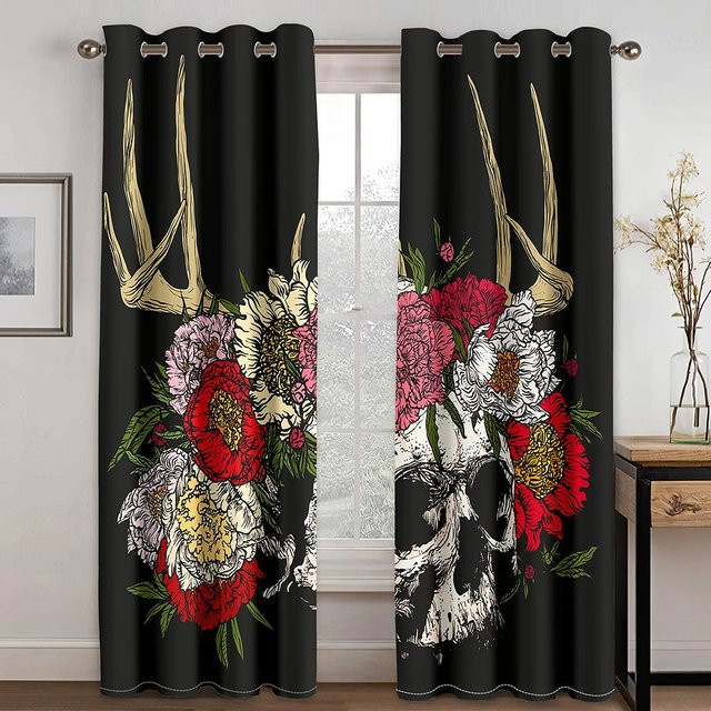 Yiran Furniture Vorhang mit Todeskopf und Blumen Motiv, digital bedruckter Polyester-Vorhangstoff, navy blau, 2 Paneele, B: 50 cm, H: 130 cm - Bild 1