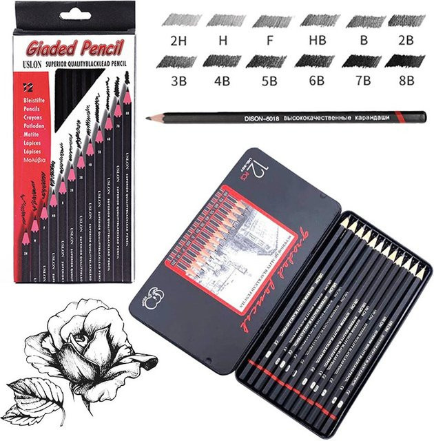 Professionelles Skizzen-Bleistift-Set mit 12 Graphit-Bleistiften in den Härtegraden 6H-14B für Kunst und Schule - Bild 1