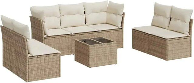vidaXL 8-teilige Garten-Sofagarnitur in L-Form mit Tisch und Kissen, Beige-creme, PE-Rattan und pulverbeschichtetem Stahl - Bild 1