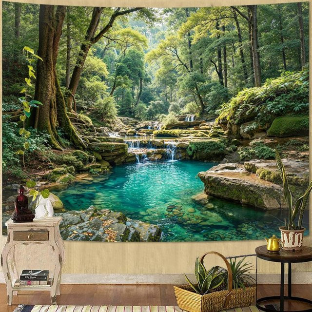Zussun Wandteppich mit Waldmotiv in Grün und Multicolour, ästhetische Pflanzenlandschaft mit Bach und Teich, rechteckiger Textil-Wandteppich zum Aufhängen, Breite: 73 cm, Höhe: 73 cm - Bild 1