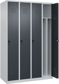 C+P Spind Classic PLUS Garderobenschrank mit 4 Abteilen, H: 185 cm, B: 120 cm, T: 50 cm, Sicherheits-Drehriegel, 4 Garderobenhaken und mittiger Trennwand, Grau/Anthrazit - Bild 1