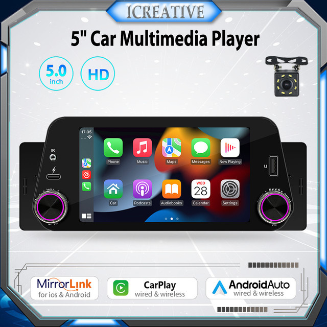 Icreative 1DIN Auto Radio Multimedia Player mit 5 Zoll Touchscreen, Carplay, Android Auto, Navigation und Mirrorlink in Schwarz - Bild 1