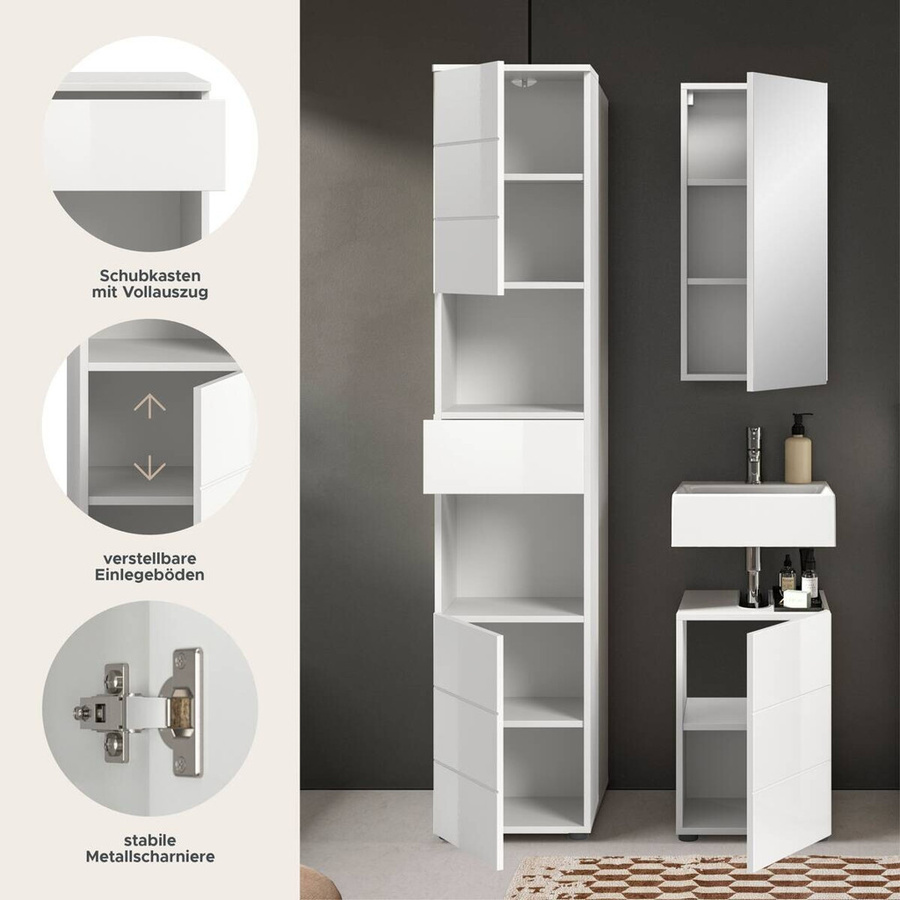 Badezimmer-Set VIRA von xonox.home in Weiß Hochglanz bestehend aus Waschtischunterschrank, Spiegelschrank und Hochschrank B/H/T: 91 x 190 x 34 cm - Bild 2