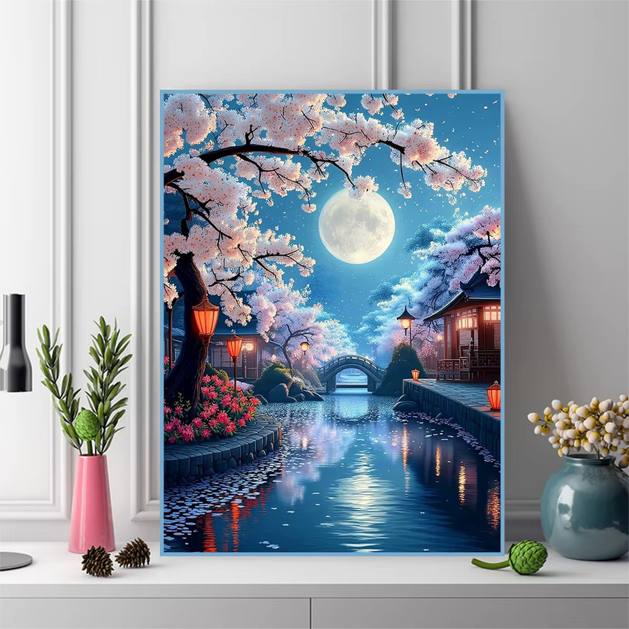 EverShine 5D Diamant-Stickerei DIY Mosaik-Set Landschaft mit Kirschblüten, Mond und Brücke, Wandkunst in Mehrfarbig - Bild 3