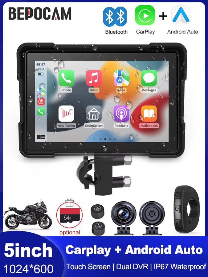 BEPOCAM 5-Zoll Motorrad-GPS-Navigation mit drahtlosem CarPlay und Android Auto, Dual DVR Drive Recorder, WIFI und IPX7 wasserdicht, Schwarz - Bild 5