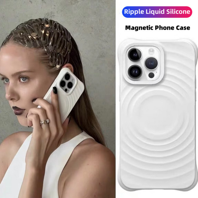 DKFoomky Ripple Flüssigsilikon Handyhülle mit MagSafe für iPhone 14 15 16 17 Pro Max und Pro, stoßfest und weich, in Weiß oder Braun - Bild 1