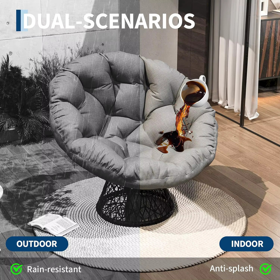 HiMISS Ergonomischer Papasan-Stuhl aus Korbgeflecht mit weichem Stoffkissen und 360 Grad drehbarer Basis, Grau - Bild 3
