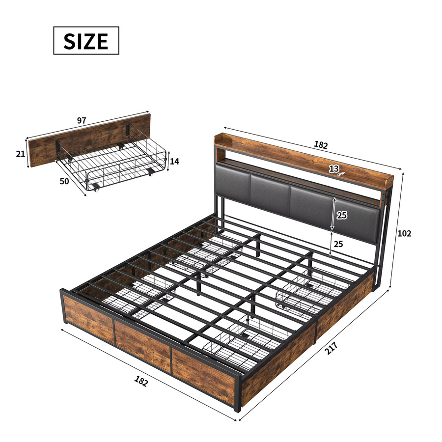 WoodenAura Doppelbett mit LED-Lichtleiste und 4 Schubladen in Tigerstreifenmuster, B/T: 180 x 200 cm - Bild 3