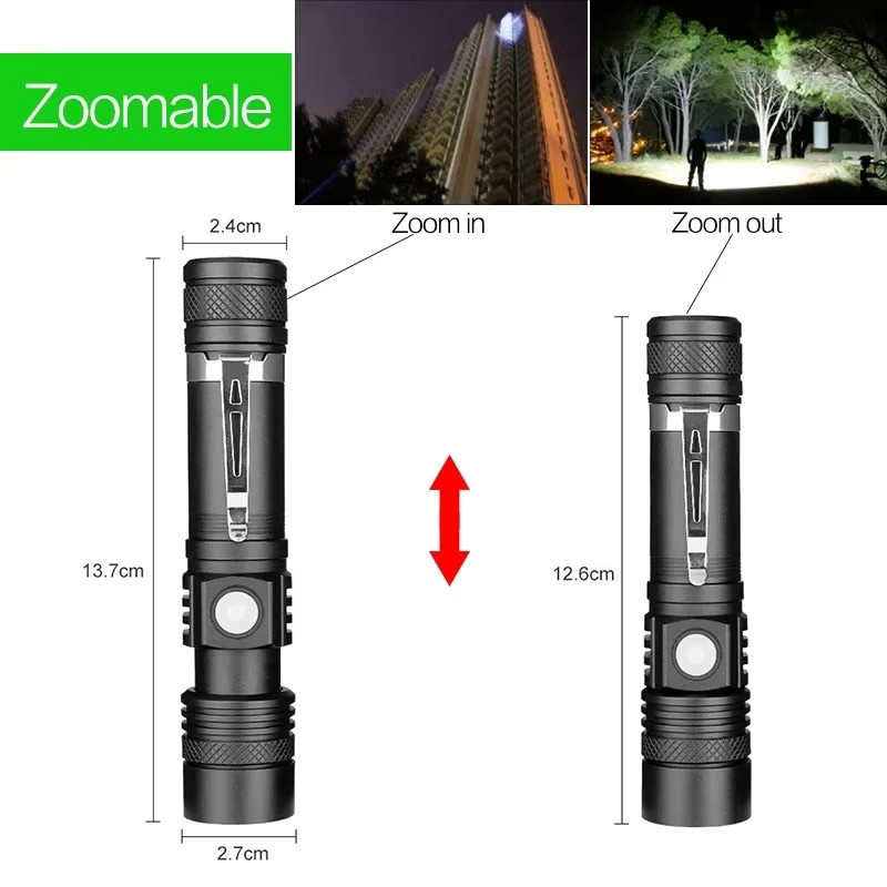 Heinast LED Taschenlampe Schwarz mit Teleskop-Zoom, Clip und wiederaufladbarem Akku - Bild 3
