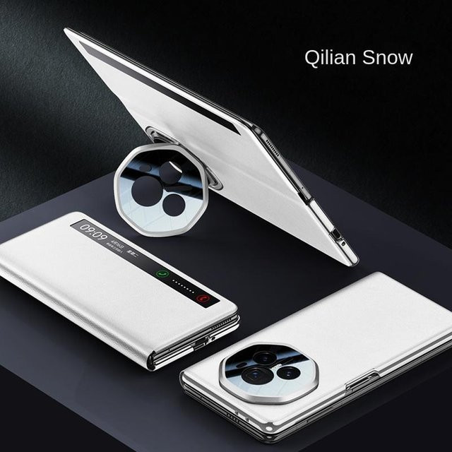 Honor Magic V3 Lederhülle mit Metalllinse und faltbarem Rundum-Ständer in Weiß - Bild 1