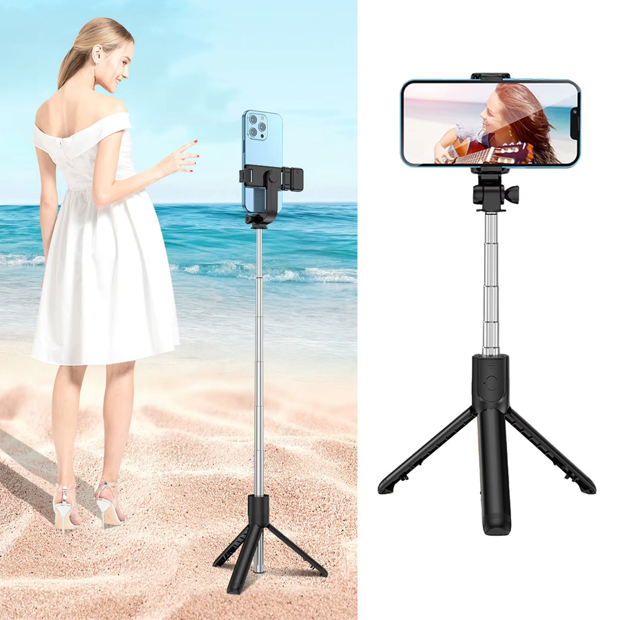 Qiilu Stativ-Selfie-Stick in Schwarz mit Fernbedienung, teleskopisch und drehbar für Live-Videos - Bild 2