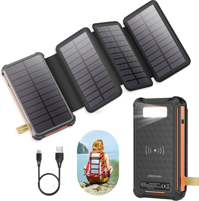 Jugacool Solar Power Bank 26800 mAh mit 22,5 W Schnellladefunktion QC 3.0, 4 faltbare Solarpanels und Campinglicht in Schwarz - Bild 1