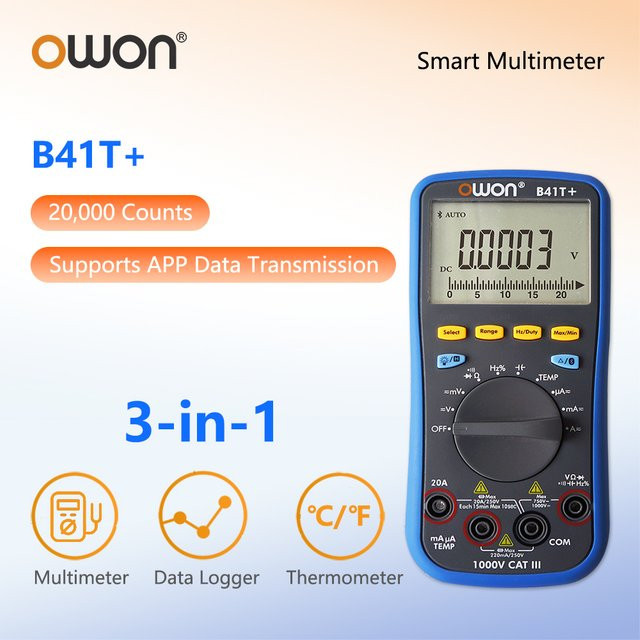 OWON Sprachalarm-Digitalmultimeter mit Bluetooth, True RMS, 22000 Zählungen und Offline-Datenaufzeichnung, Blau - Bild 1