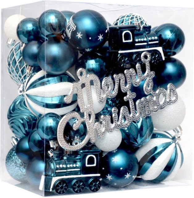 65-teiliges bruchsicheres Weihnachtskugel-Set von Binchi Outdoor Product in Blau mit abstrakten Buchstaben-Motiven zur Dekoration deines Weihnachtsbaums - Bild 1