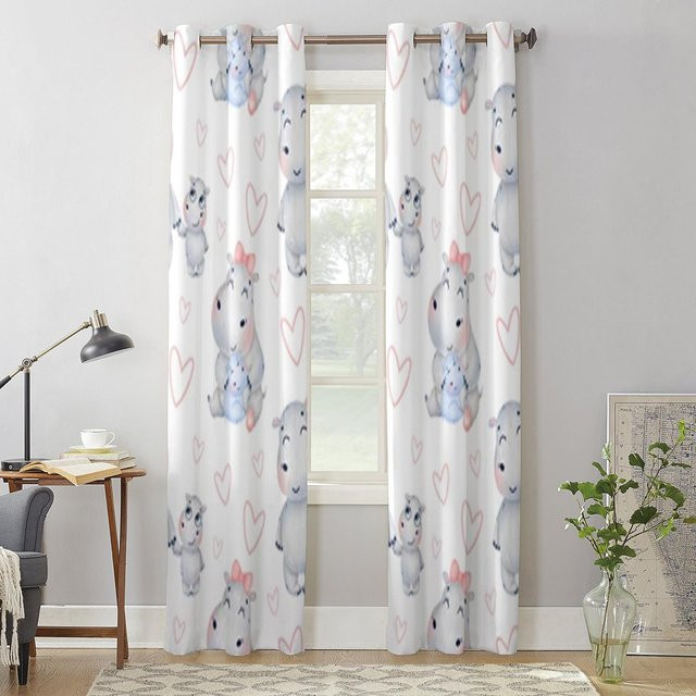 Super Six Fenstergardine mit Cartoon-Nilpferden und Herzen in Weiß, Breite: 135 cm, Höhe: 60 cm - Bild 1