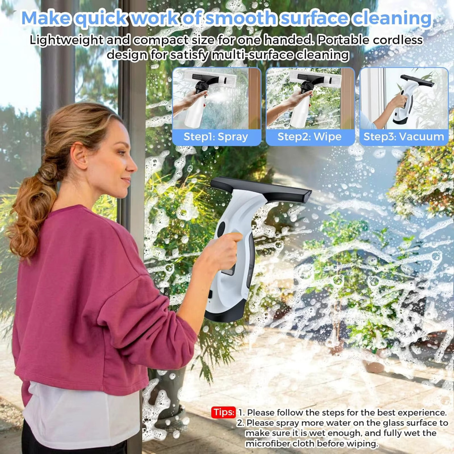 VamsLuna Kabelloser 3-in-1 Fensterstaubsauger mit Spray- und Reinigungsfunktion in Weiß - Bild 4