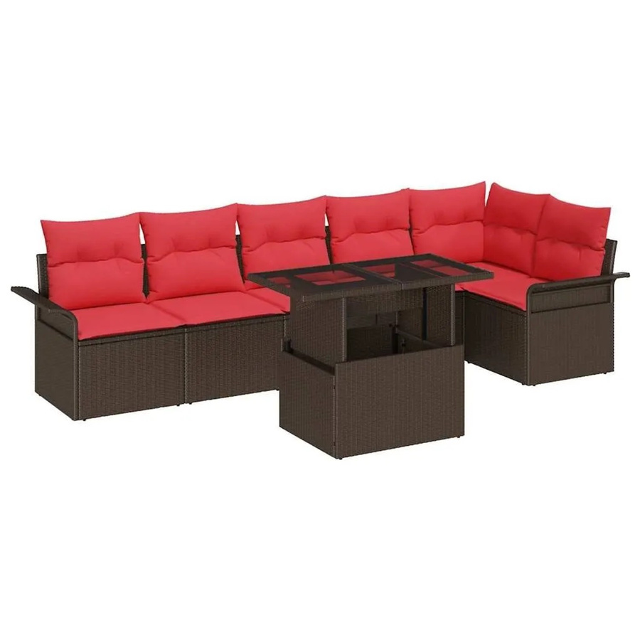 vidaXL Garten-Sofa-Set aus Polyrattan in L-Form mit 7 Teilen, inklusive Kissen und Couchtisch, Braun - Bild 2
