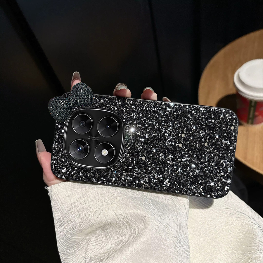 Funkelnde Kunstleder-Handyhülle mit Strass-Steinen und Schleifen-Rückabdeckung für Xiaomi Redmi Note 14 15 4G 5G Pro in Weiß - Bild 3