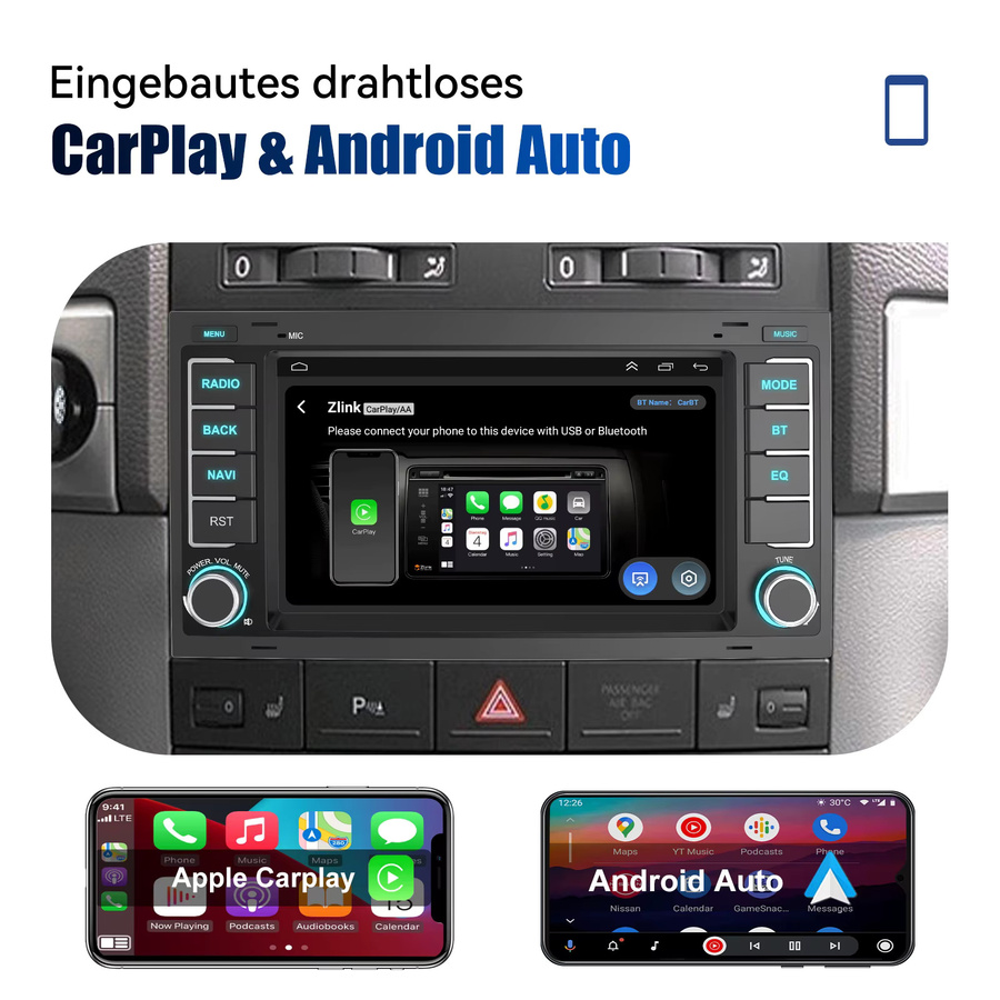 ESSGOO 7 Zoll HD Touchscreen Autoradio Multimedia Video Player mit CarPlay und Android 13 für VW Touareg Transporter T5 Multivan 2003-2015, Schwarz, 64G, GPS und WIFI - Bild 5
