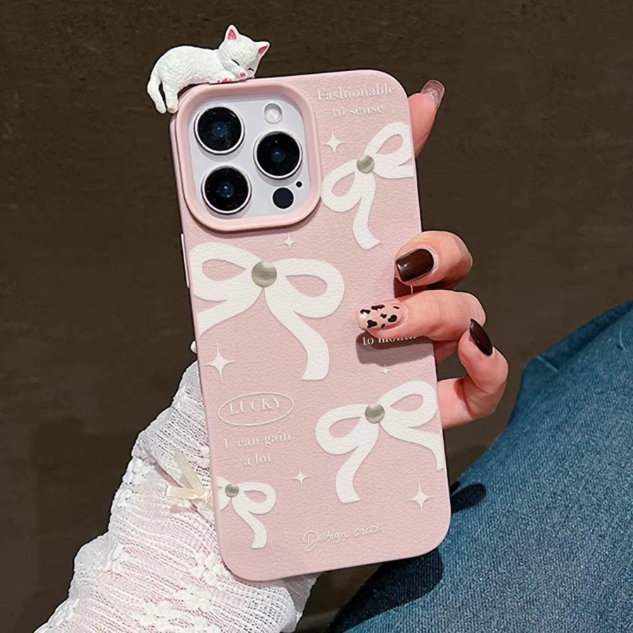 Stoßfeste iPhone Schutzhülle aus Leder mit weißer Schleife und süßem 3D-Katzen-Design für Apple iPhone 11 bis 17 Pro Max Modelle, Farbe: Weiß - Bild 2