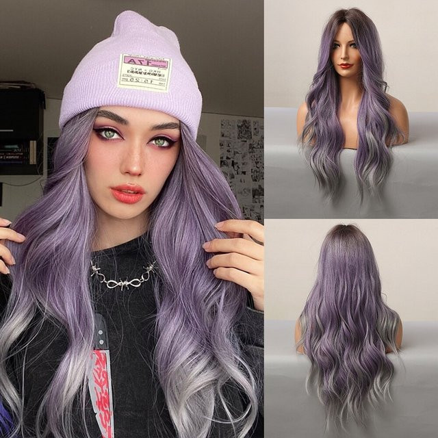 HAIRCUBE Perücke, lila, lang, gewellt, grau Ombre, hitzebeständig, Damen - Bild 1