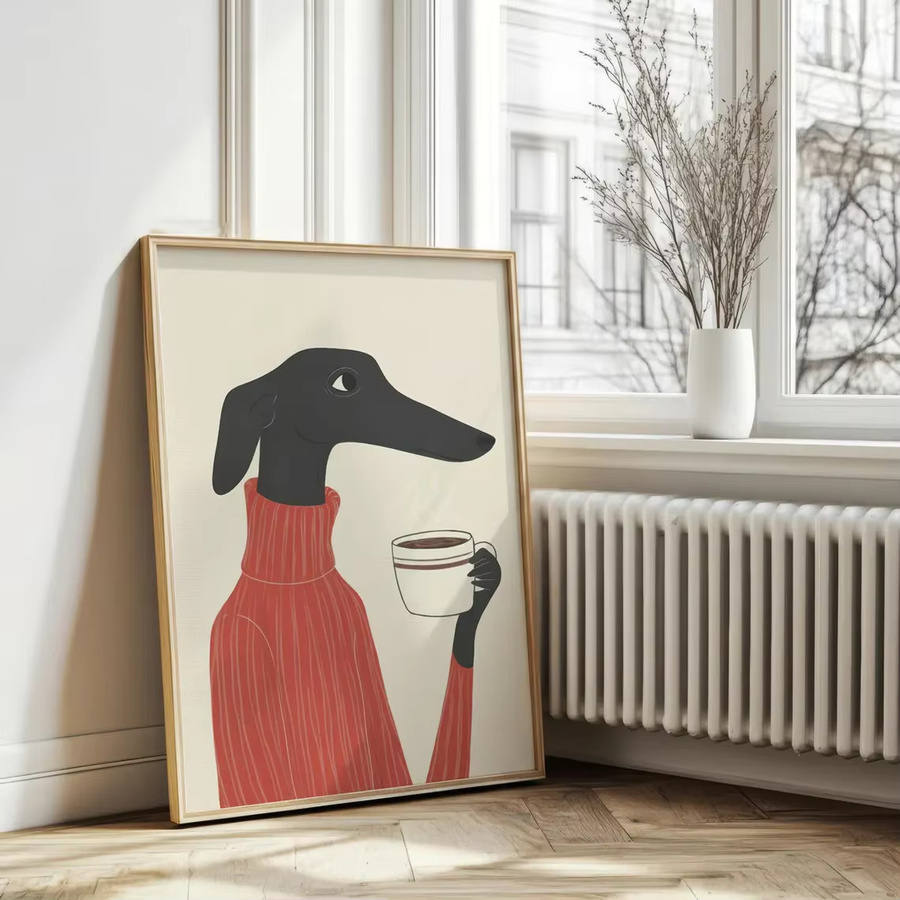SHENCHEN Retro-Chic Wandbild mit schwarzem Hund im roten Rollkragenpullover und Kaffeetasse, minimalistischer Print auf Papier - Bild 2
