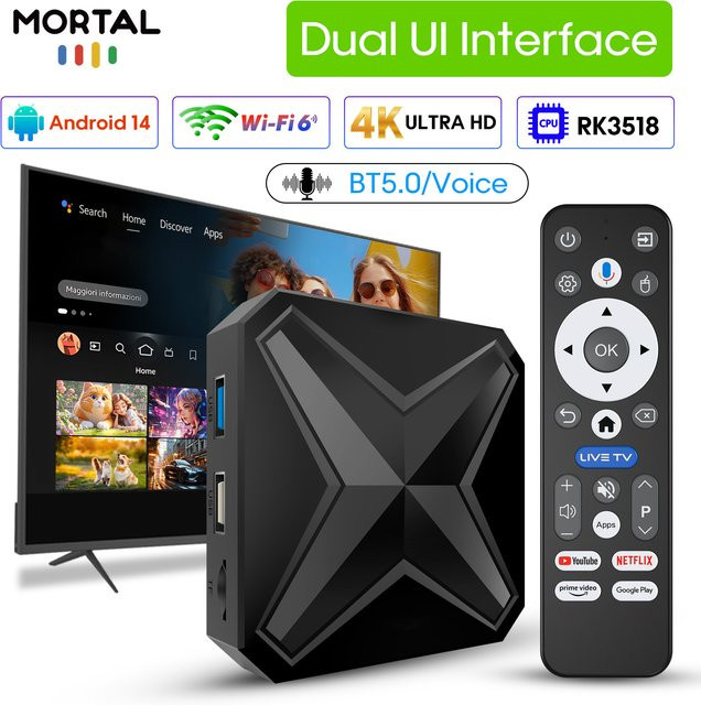 Q1MINI+ Android 14 TV-Box 4K UHD Media Streamer mit 8GB RAM, 128GB Speicher, Dual WiFi6 und Google Sprachassistent in Schwarz - Bild 1