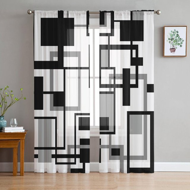 Super Six Transparentes Voile-Vorhang mit schwarz-weiß gestreiftem geometrischem Muster, Breite: 135 cm, Höhe: 114 cm - Bild 1