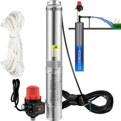 VEVOR Tiefbrunnenpumpe 750W mit 105L/min Förderleistung und 62m Förderhöhe, IP68 wasserdichte Tauchpumpe aus Edelstahl für Bewässerung und Wasserversorgung - Bild 1