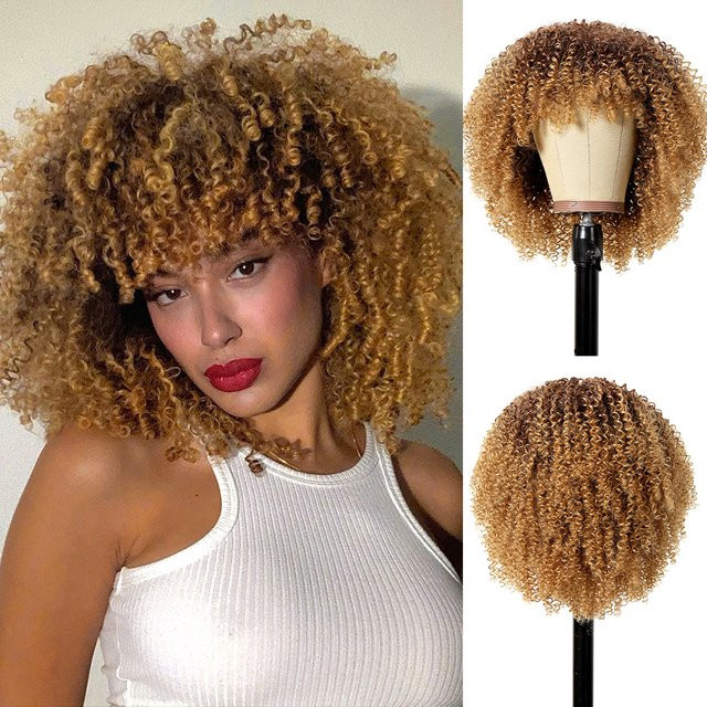 HAIRCUBE Perücke, afro-goldbraun, lockiger Bob mit Pony, synthetisch - Bild 1