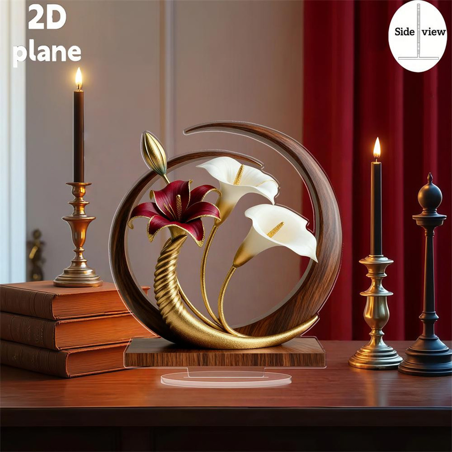 Eterna Home Kristallvase mit weißer Lilie und Goldverzierung in Weiß und Gold als 2D flache Tischdekoration für Wohnzimmer und Büro - Bild 3