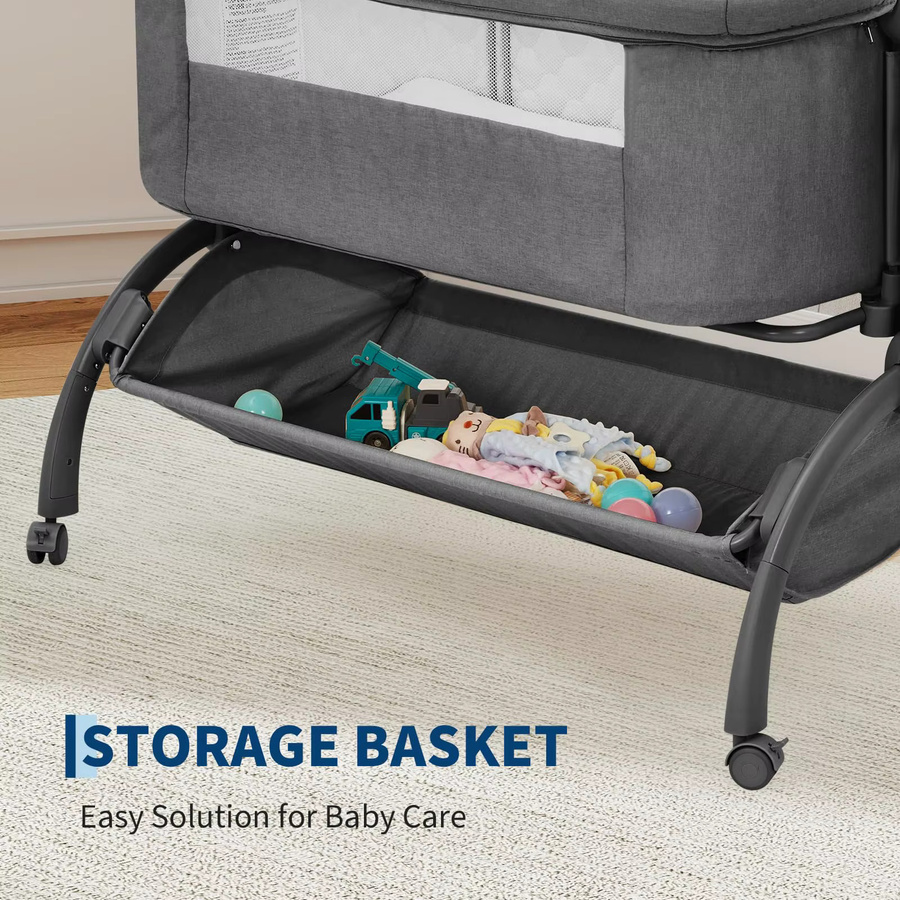 HiMISS 3-in-1 verstellbare Babywiege mit Rädern und Moskitonetz, grauer zusammenklappbarer Nachttisch für Neugeborene und Kleinkinder - Bild 3
