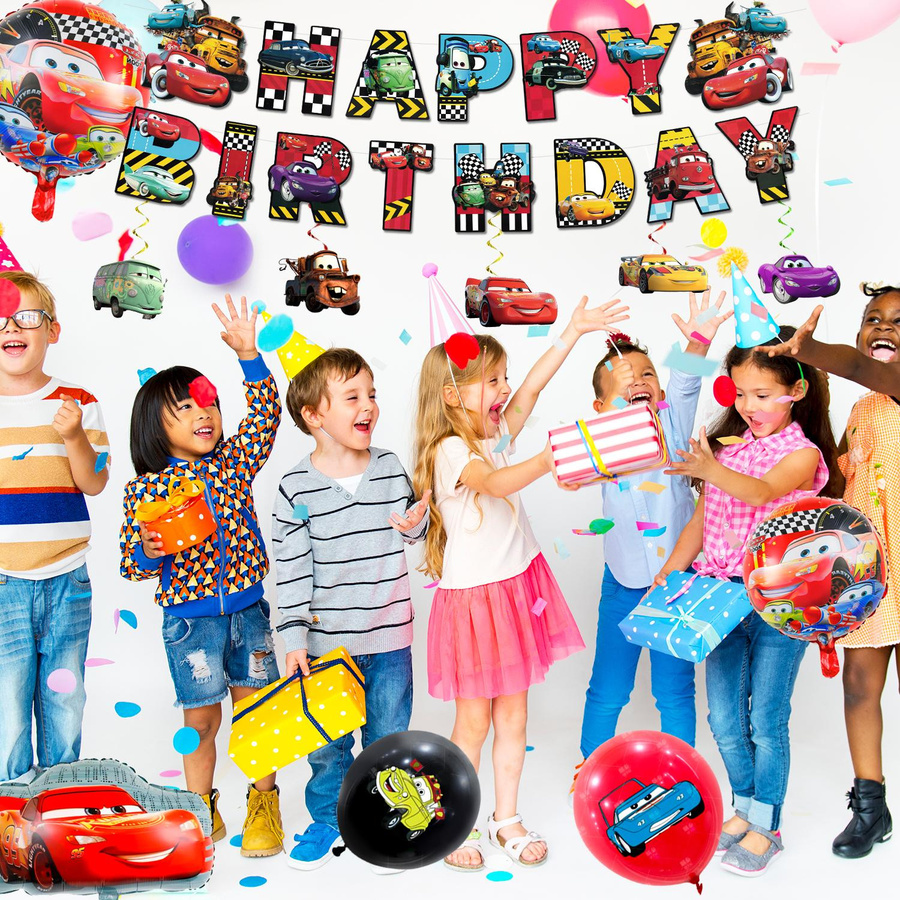 38-teiliges Cartoon Geburtstagsparty Dekorationsset von Party World in Schwarz und Rot mit Banner, Tischdecke, Ballons und Tortenaufsatz für Kinder - Bild 4